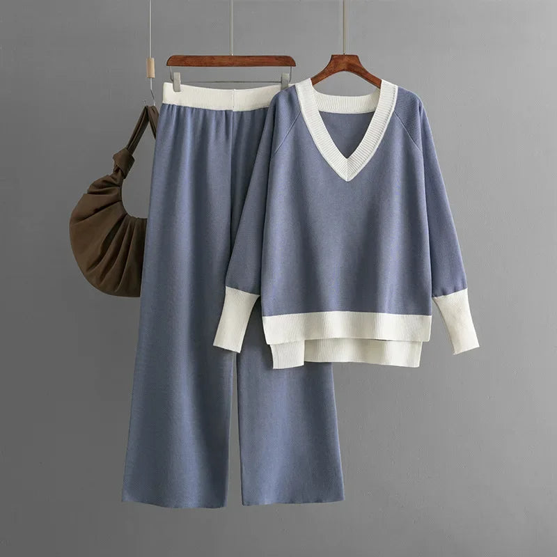 Harper™ - Ensemble élégant de haut en tricot à manches longues et pantalon avec décolleté en V