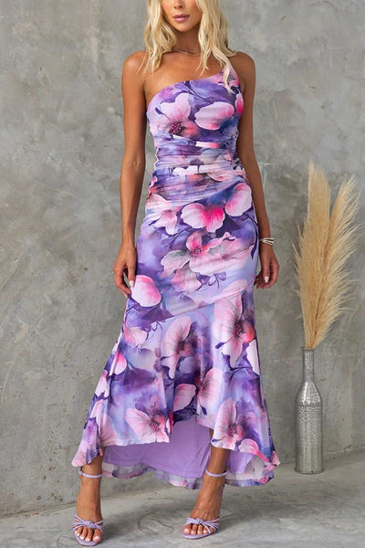 Robe longue extensible à une épaule et imprimé floral
