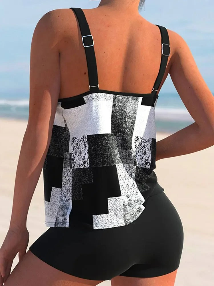 Tankini Femme – Coupe Décontractée – Imprimé Géométrique – Bretelles Doubles – Tissu Respirant