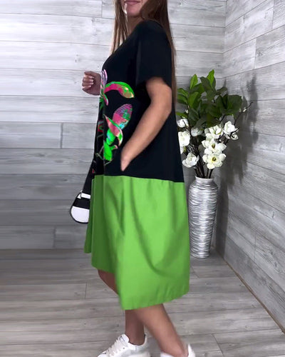 Robe Col Rond Décontractée Imprimée Couleur Contrastée