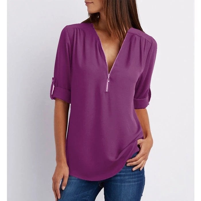 Blouse femme – Coupe ample – Tissu respirant – Demi-zip – Manches 3/4 retroussables