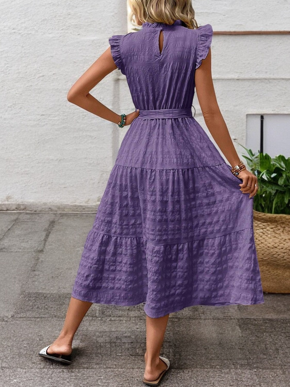 Gisèle - Robe Midi À Ourlets Volantés Et Ceinture À Nouer