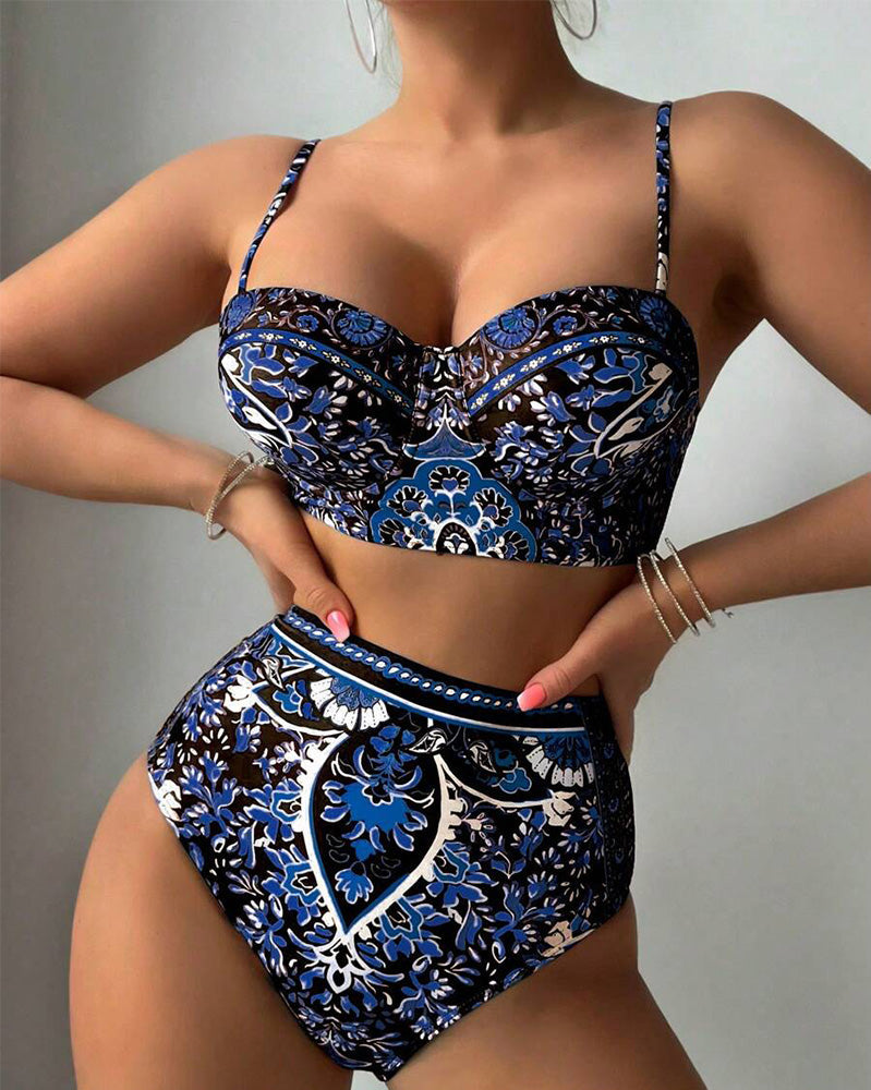 Maillot de bain Haute Taille Imprimé Rétro Deux-pièces