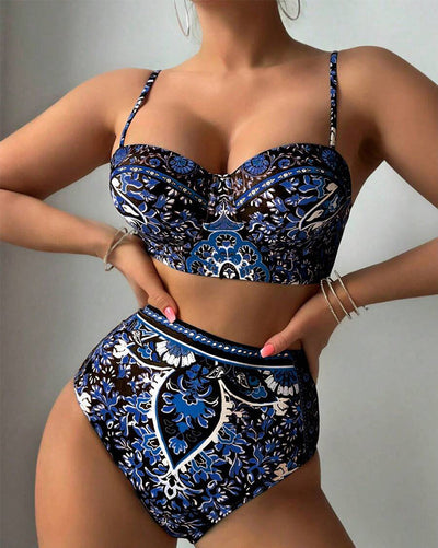 Maillot de bain Haute Taille Imprimé Rétro Deux-pièces