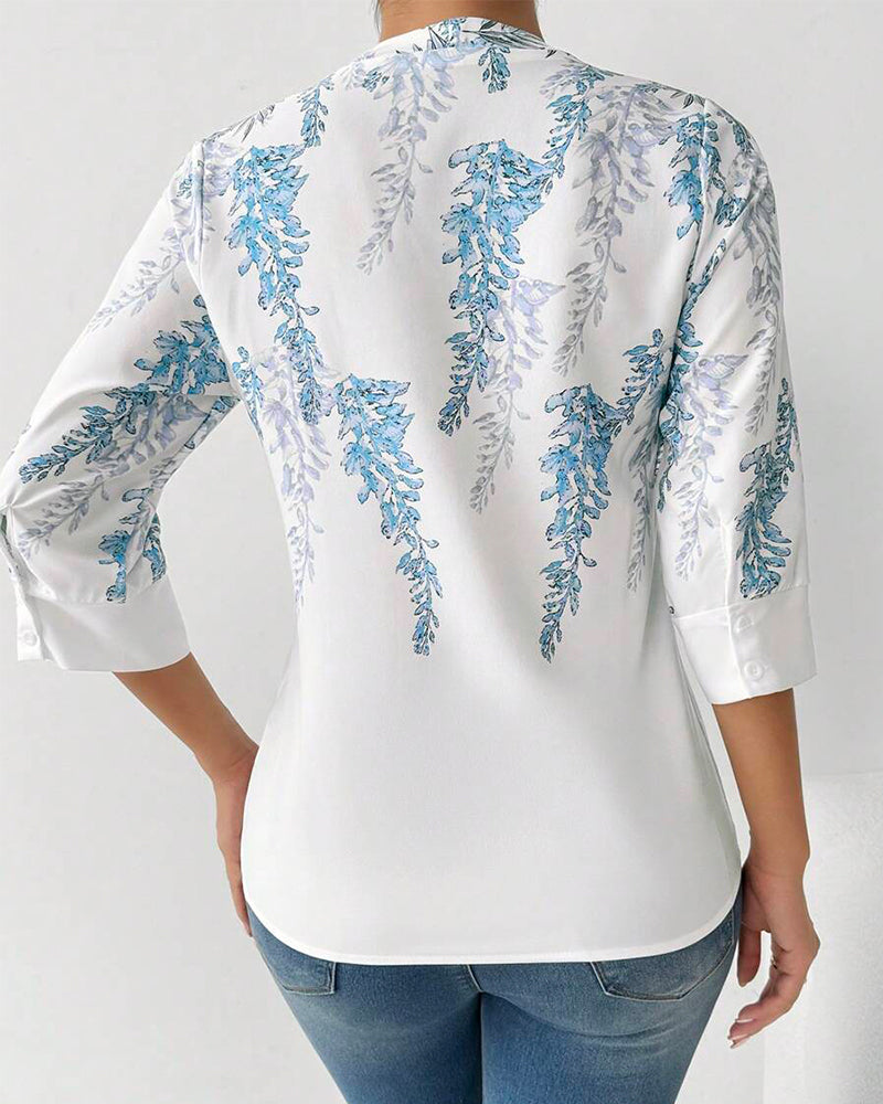 Blouse Trois-Quarts Manches V-Carré Imprimé