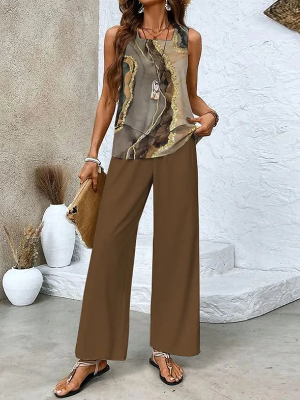 Ensemble Femme Deux Pièces – Haut Sans Manches Imprimé – Pantalon Large Fluide – Tissu Respirant