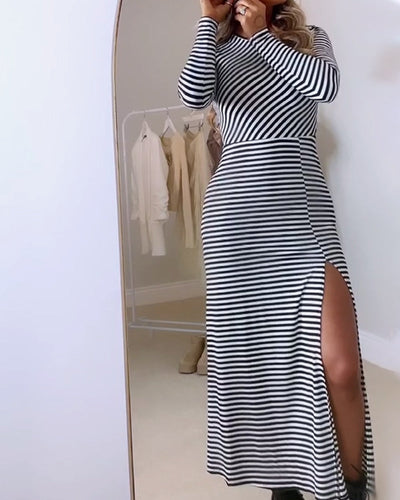 Robe à manches longues rayée fendue