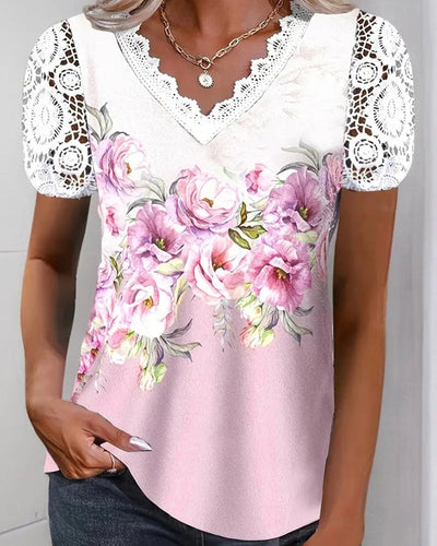 Blouse V-Cœur Dentelle Patchwork Fleuri