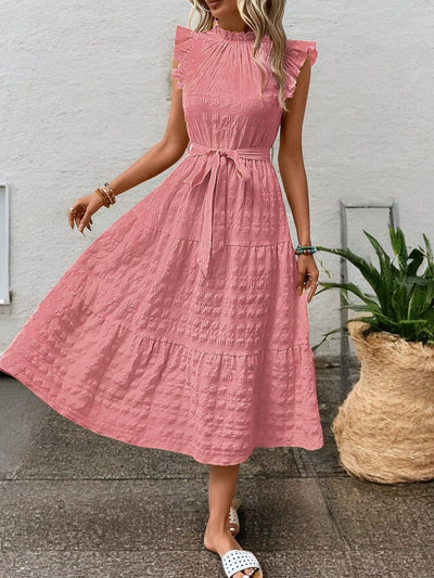 Gisèle - Robe Midi À Ourlets Volantés Et Ceinture À Nouer