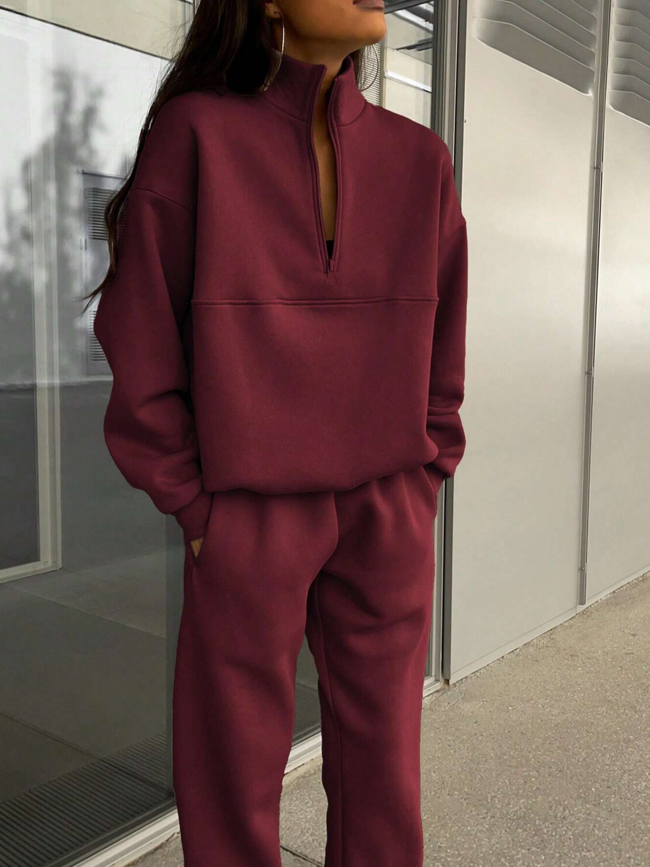 Ensemble Femme Deux Pièces – Maille Douce – Coupe Décontractée – Haut Zippé Manches Longues et Pantalon Fuselé
