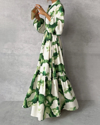 Loa| Robe élégante tie-dye avec patchwork, cordon de serrage et manches ballon