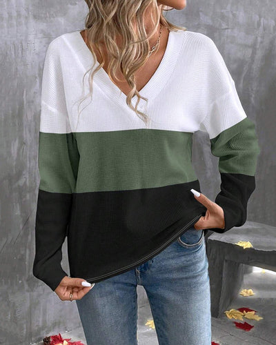Blouse À La Mode Col En V Couleur Contrastée Design