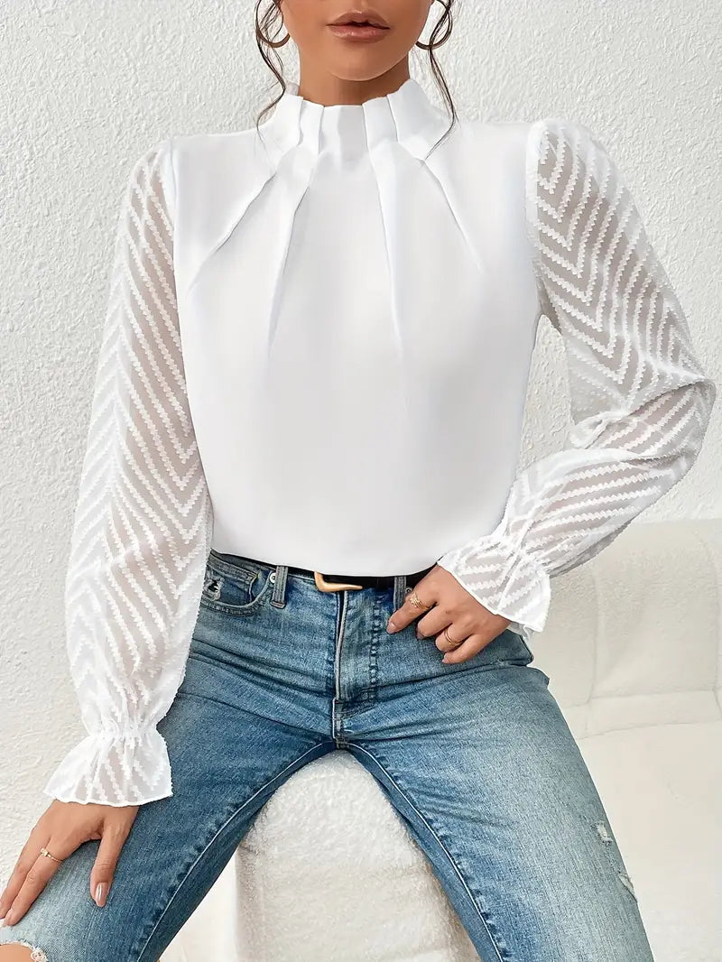 Kolbrun | Top plissé chic avec manches en filet pour femmes