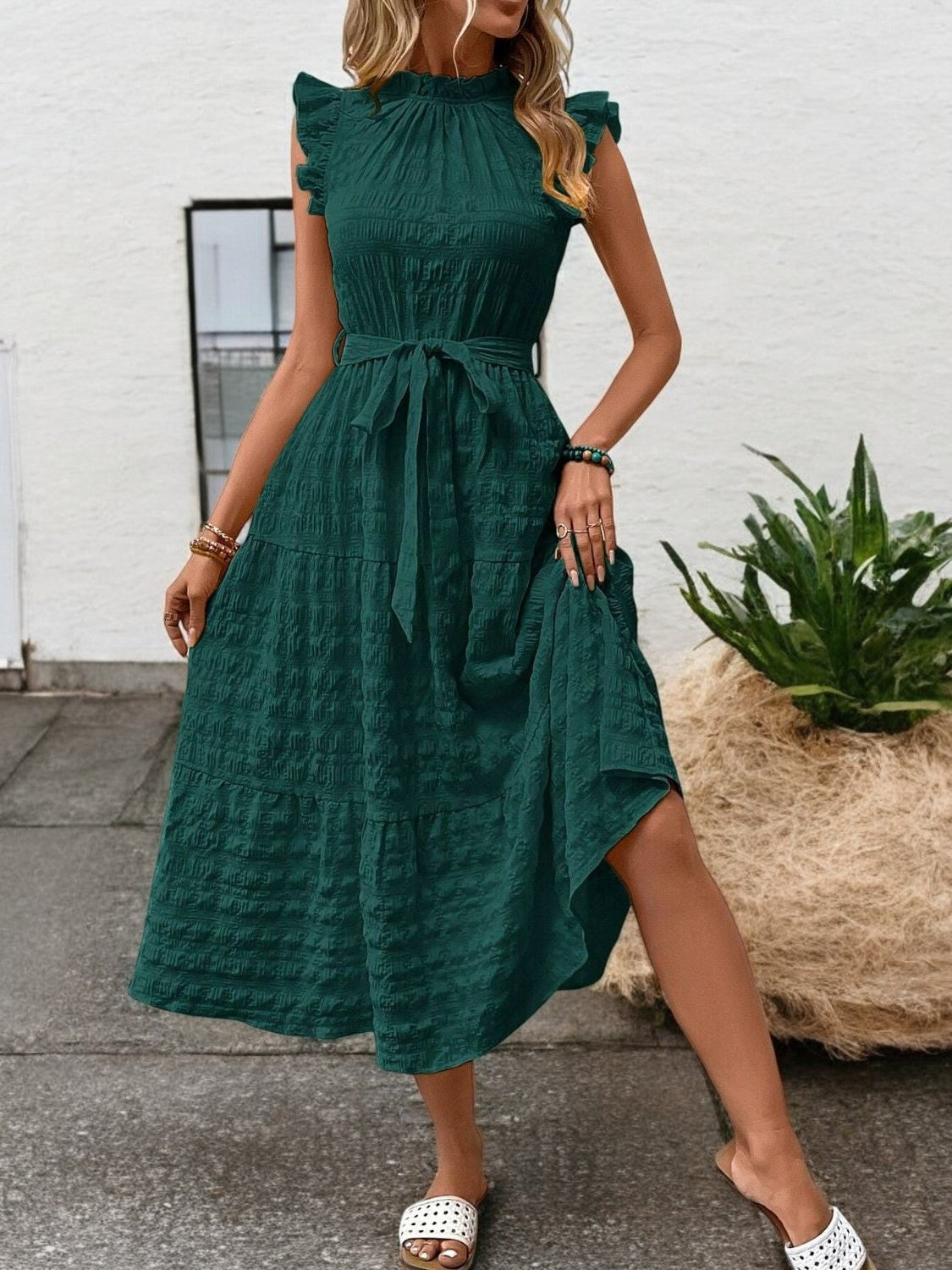 Gisèle - Robe Midi À Ourlets Volantés Et Ceinture À Nouer