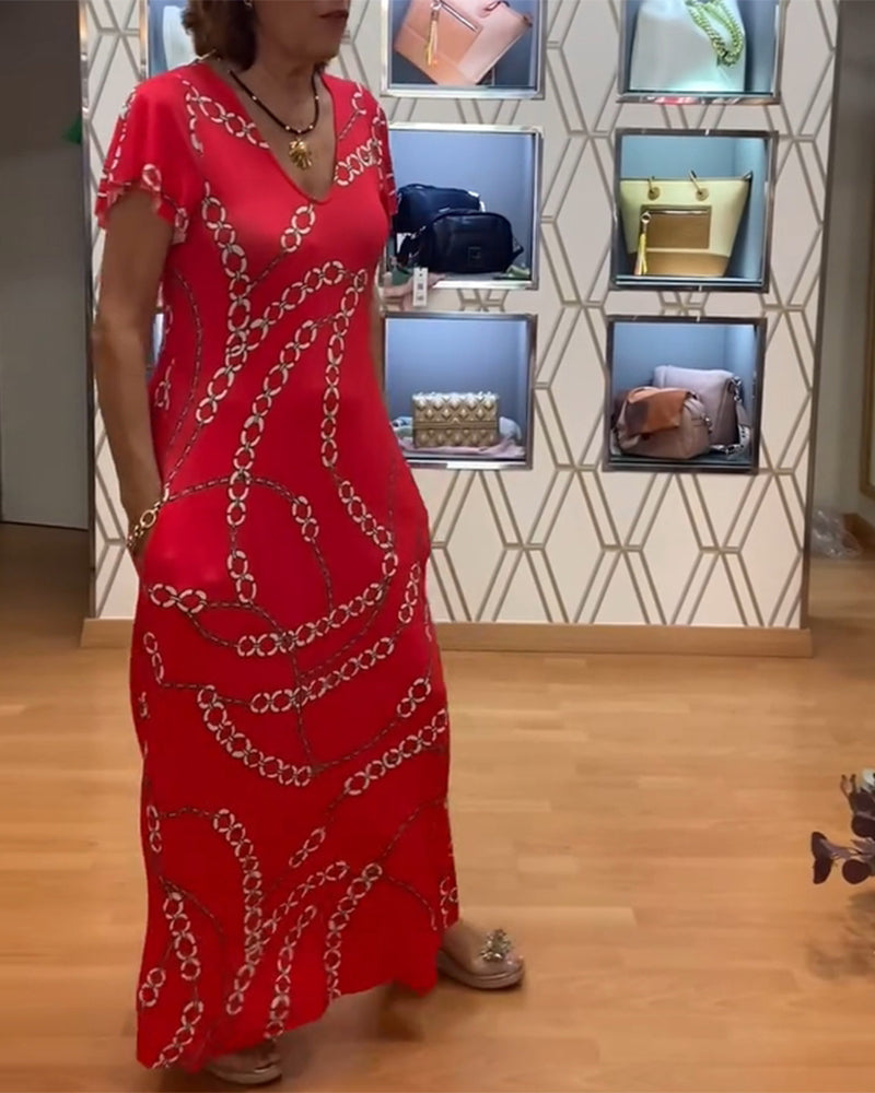 Robe Col V Imprimé Chaîne Maxi