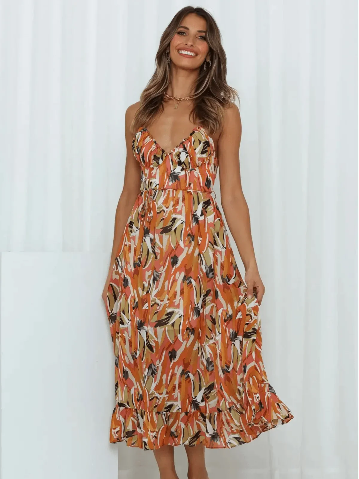 Solène - Robe Midi En Tissu Fluide Avec Décolleté En V