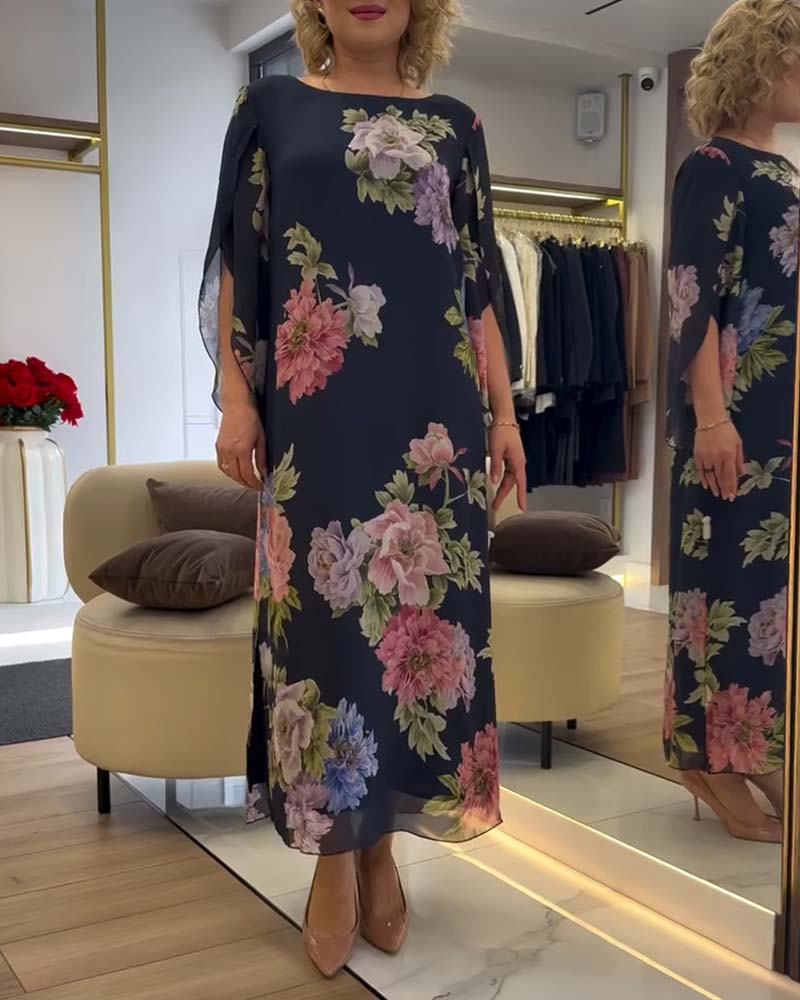 Robe Col Rond Fleuri Fente
