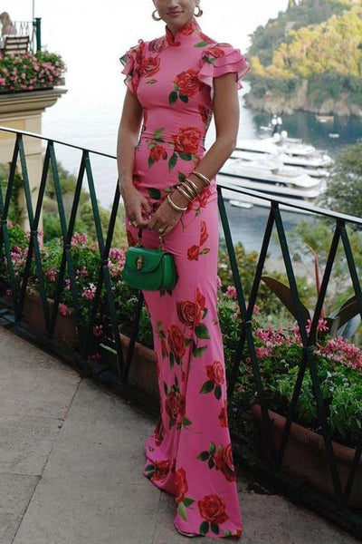 Robe longue imprimé floral rose