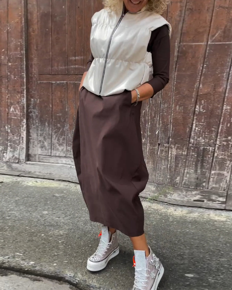 Laura| Robe élégante à manches longues, de couleur unie, avec poches