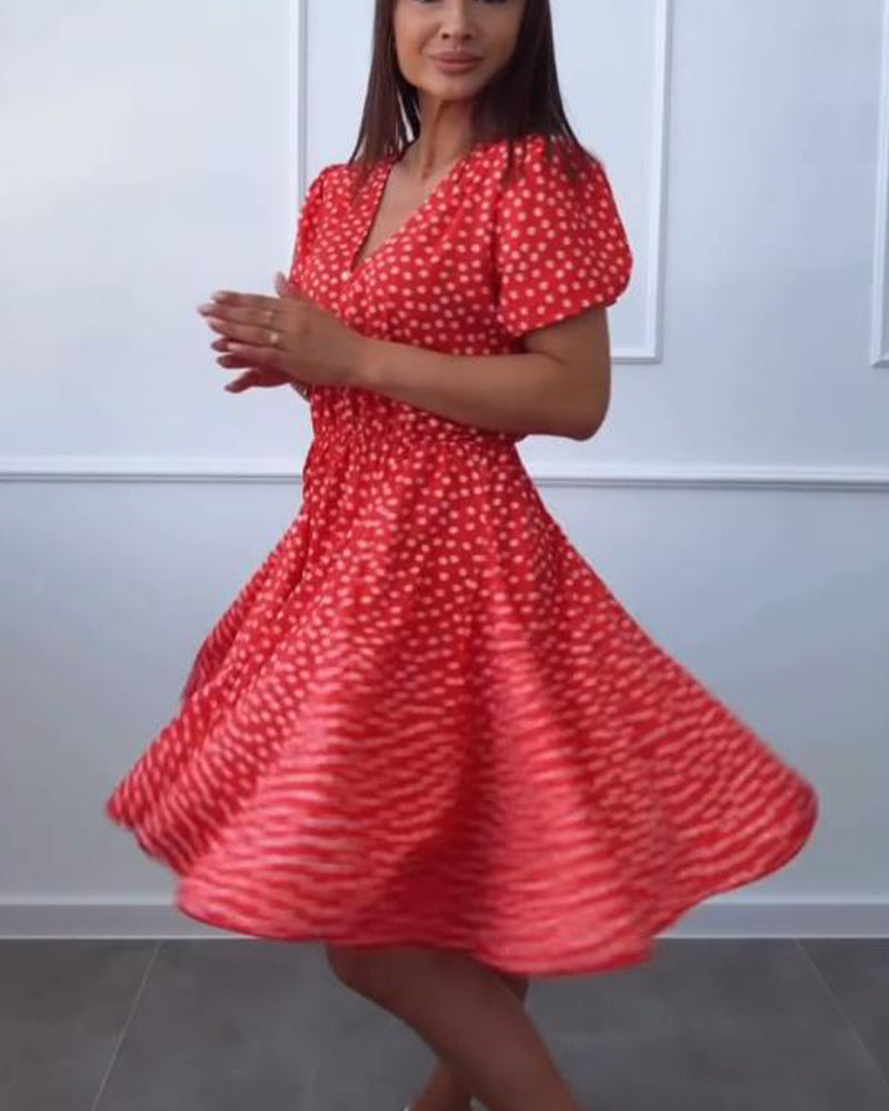Robe Imprimé À Pois Boutonné Col En V