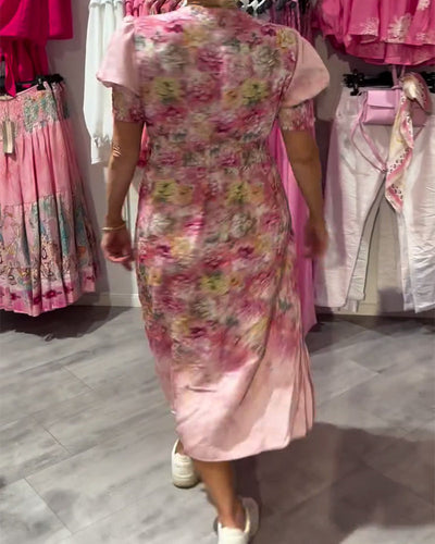 Robe Manche Bouffant Encolure En V Fleuri Taille