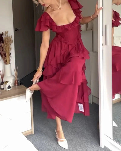 Robe dos nu à manches volantées et col carré