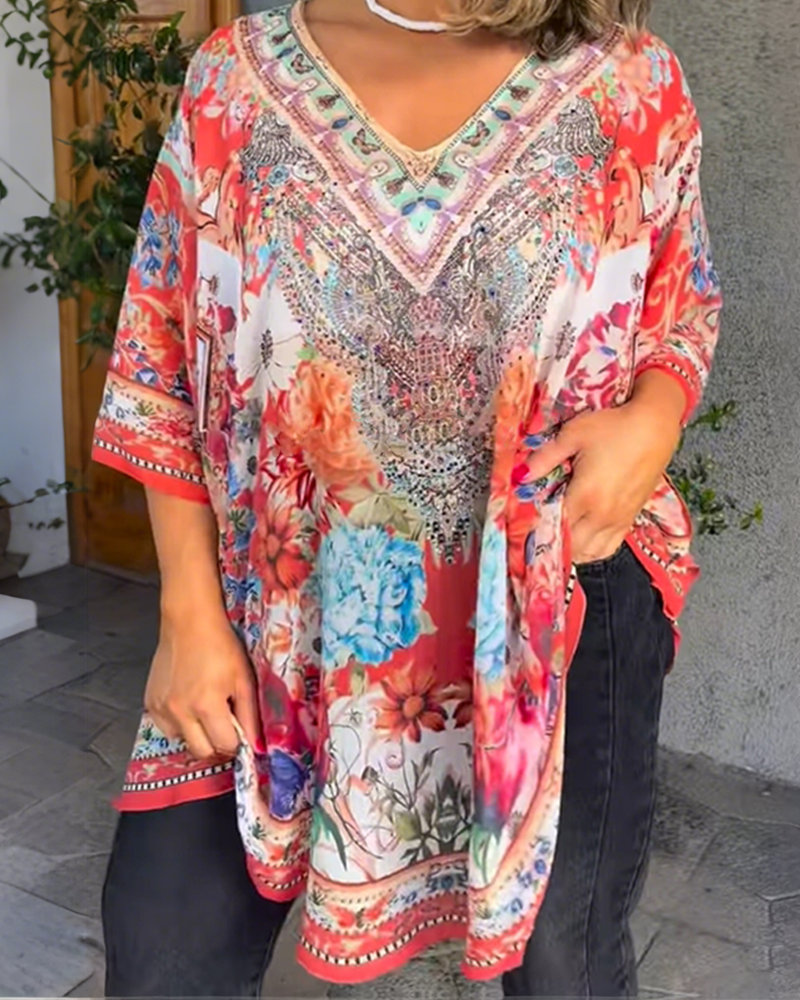 Blouse Mode Décolleté En V À Fleurs