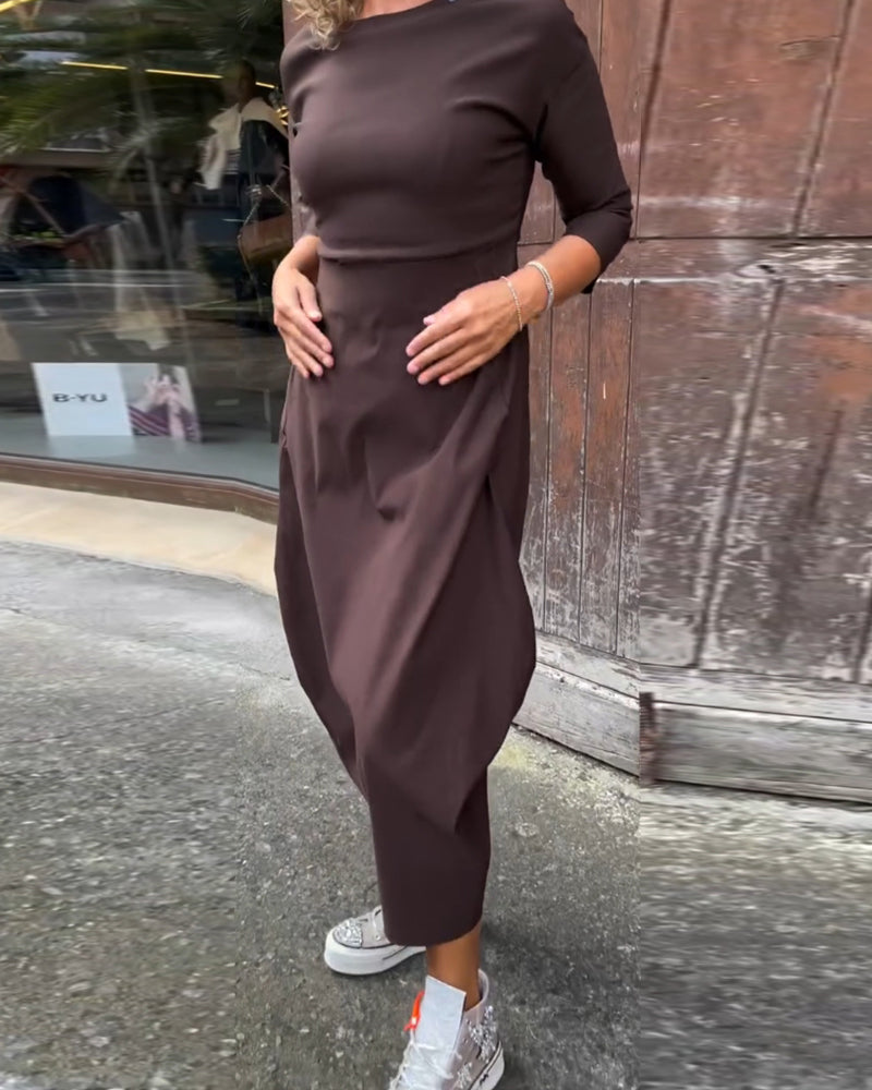 Laura| Robe élégante à manches longues, de couleur unie, avec poches
