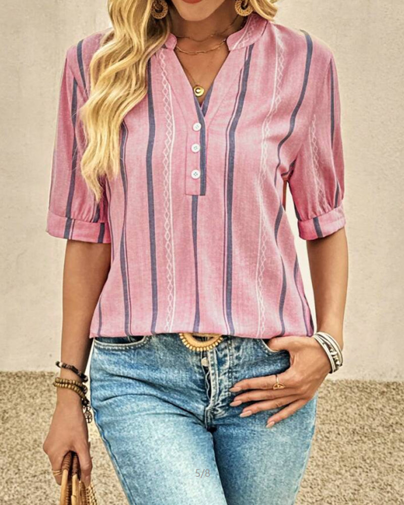 Blouse Col En V Décontracté Rayée