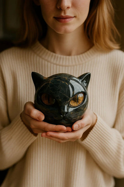 Sculpture mystique de tête de chat noir