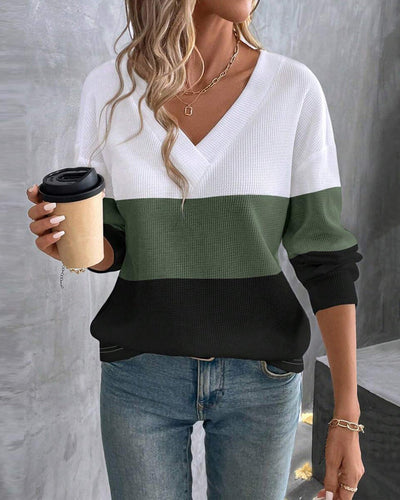 Blouse À La Mode Col En V Couleur Contrastée Design