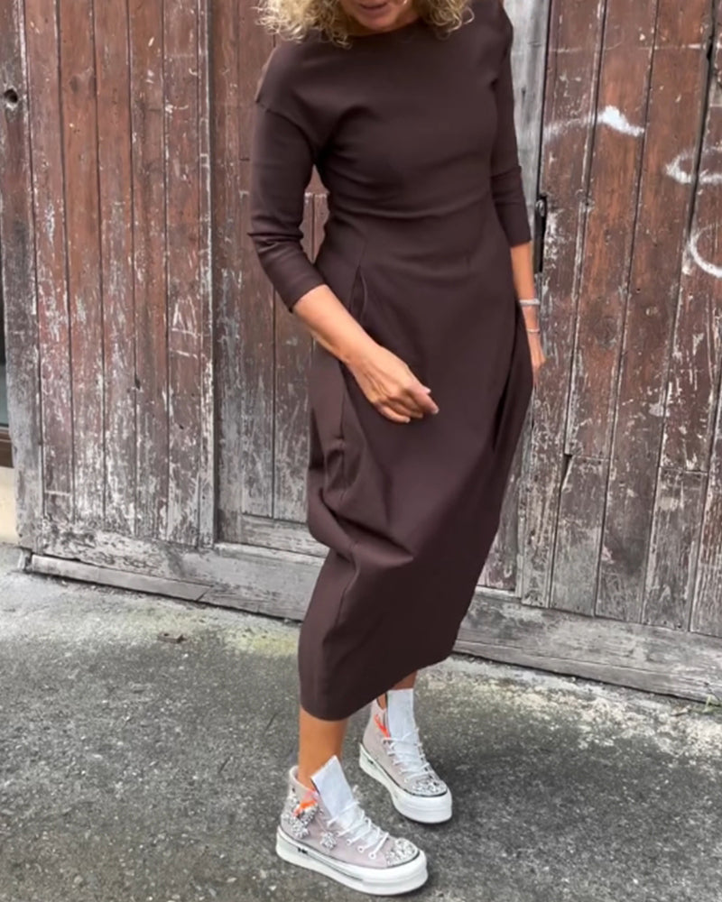 Laura| Robe élégante à manches longues, de couleur unie, avec poches