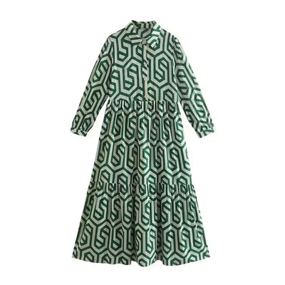 Robe femme longue – Manches longues – Coupe ample – Motif géométrique – Tissu respirant