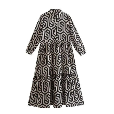 Robe femme longue – Manches longues – Coupe ample – Motif géométrique – Tissu respirant