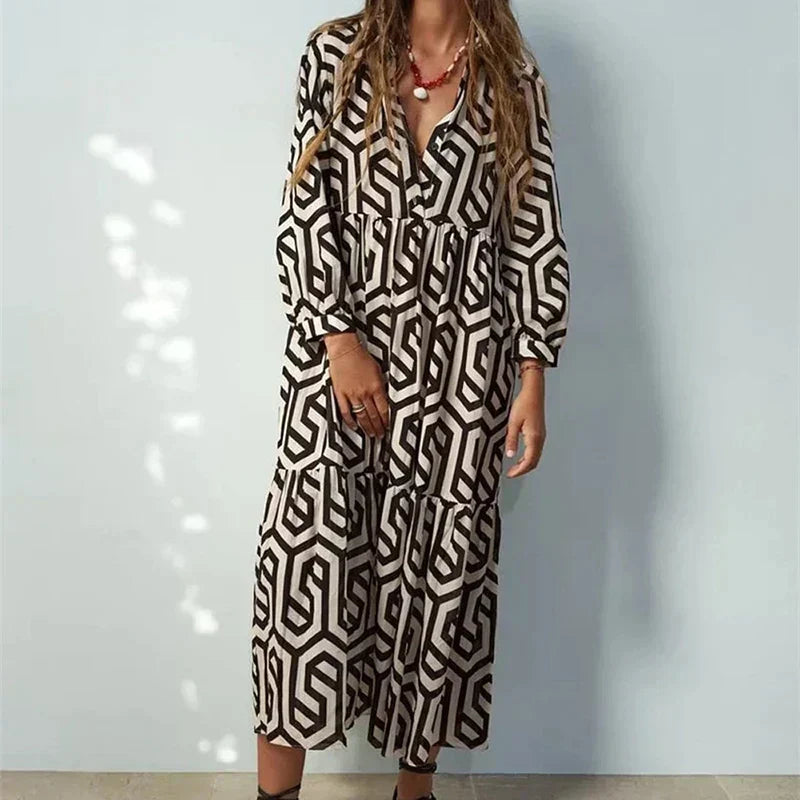 Robe femme longue – Manches longues – Coupe ample – Motif géométrique – Tissu respirant