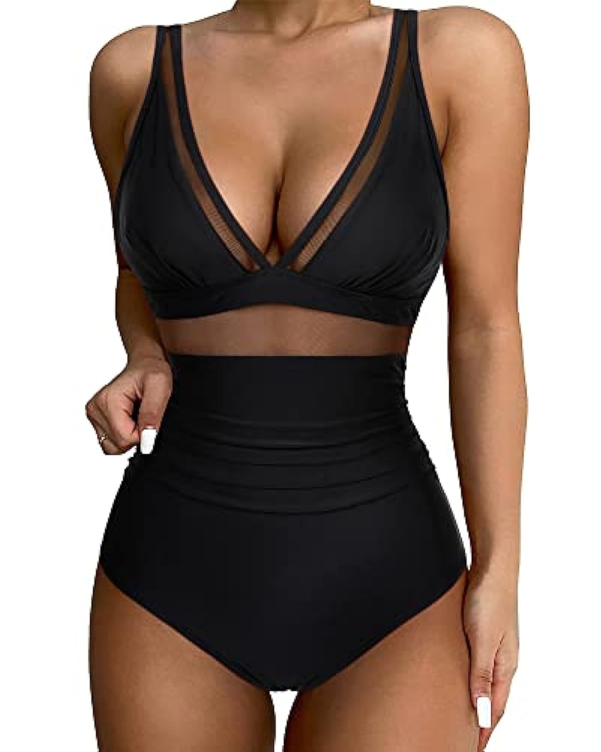 Maillot de bain femme – Une pièce – Décolleté plongeant – Détail en mesh – Coupe échancrée
