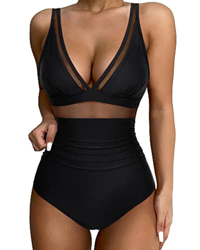 Maillot de bain femme – Une pièce – Décolleté plongeant – Détail en mesh – Coupe échancrée