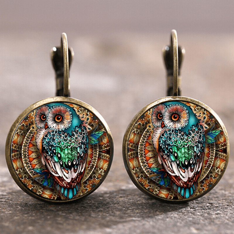 Boucles d'oreilles rondes avec hiboux en cristal