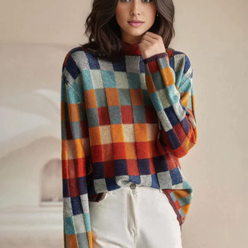 Adalynn™ - Pull à col roulé multicolore avec motif en patchwork