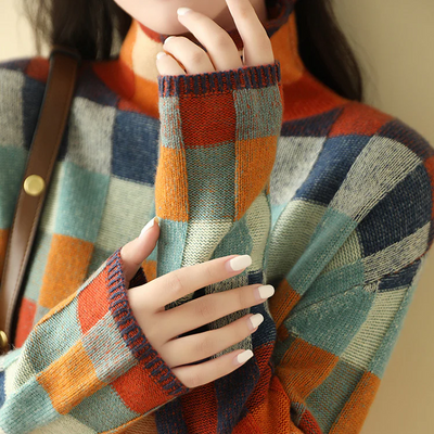 Adalynn™ - Pull à col roulé multicolore avec motif en patchwork