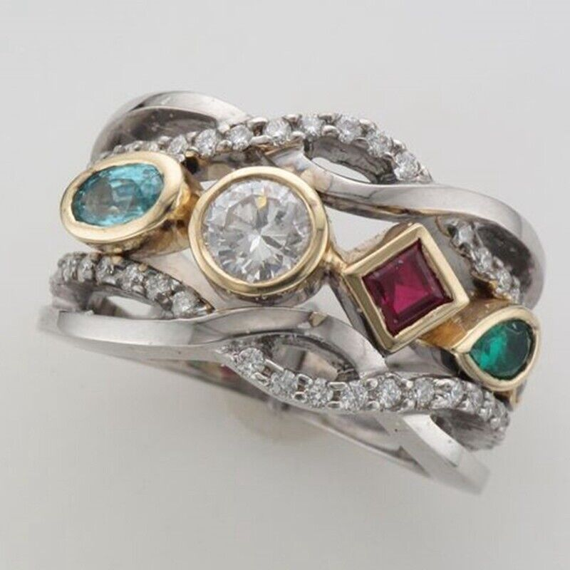 Bague multicolore avec cristaux brillants en argent