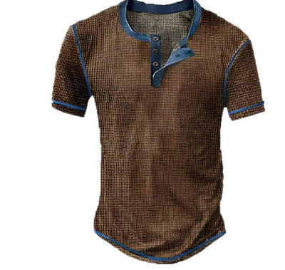 T-shirt Henley homme – Coupe régulière – Maille douce – Manches courtes – Style vintage