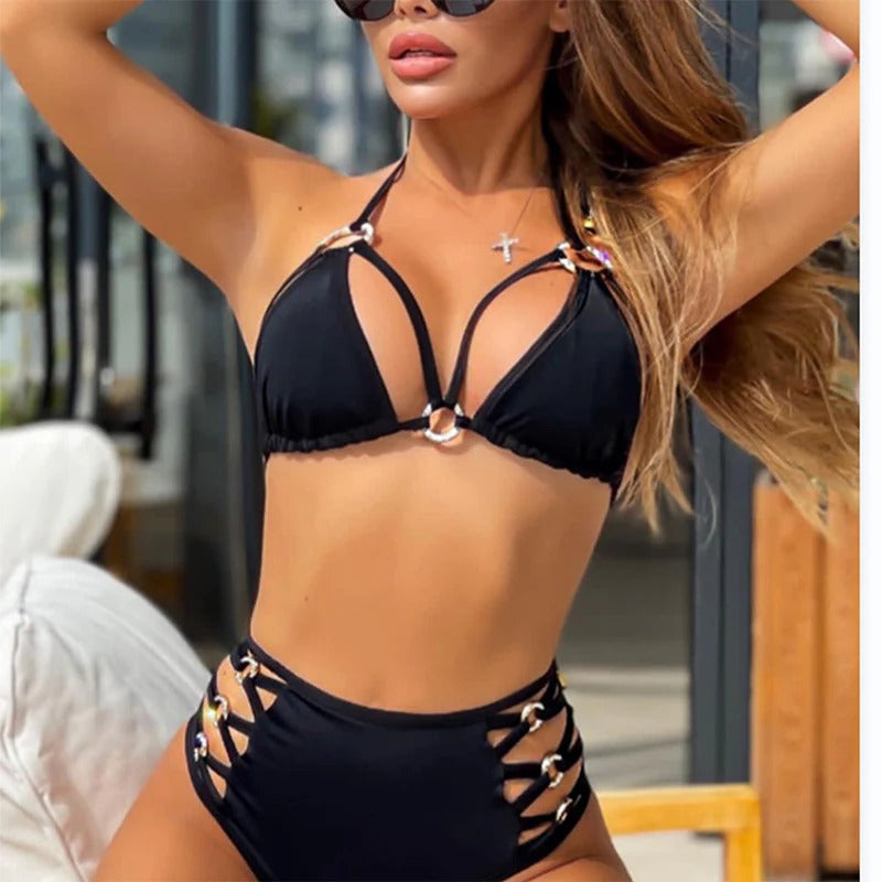 Bikini femme – Taille haute – Bretelles réglables – Détails boucles – Tissu respirant