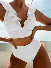 Bikini femme – Haut volanté col V – Taille haute – Tissu extensible respirant