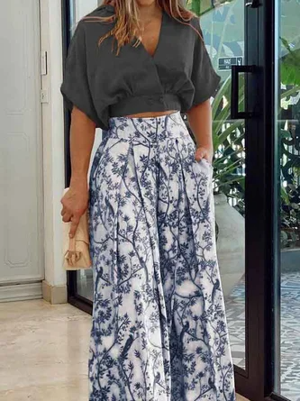 Ensemble Femme Deux Pièces – Haut Ample Manches Chauve-Souris – Pantalon Taille Haute Large