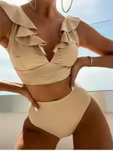 Bikini femme – Haut volanté col V – Taille haute – Tissu extensible respirant
