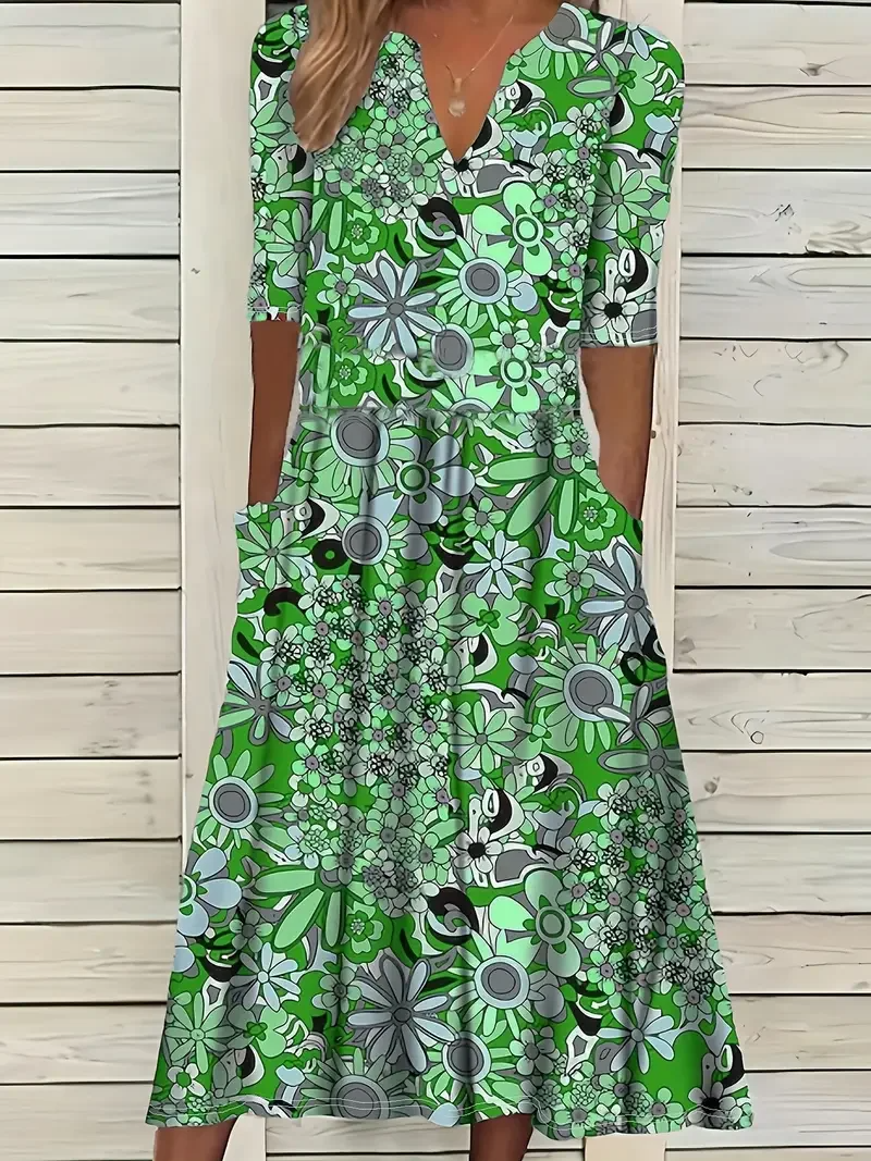Robe longue femme – Coupe évasée – Col en V – Manches courtes – Imprimé fleuri – Tissu respirant