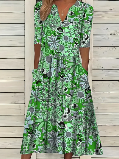Robe longue femme – Coupe évasée – Col en V – Manches courtes – Imprimé fleuri – Tissu respirant