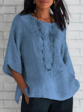 Blouse femme – Coupe ample – Manches courtes – Devant brodé – Fibres naturelles