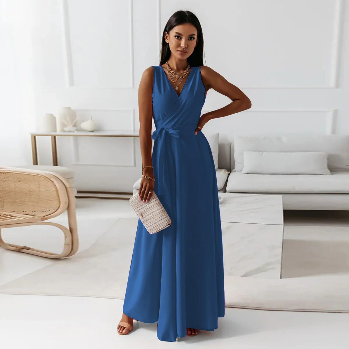 Robe longue femme – Tissu luxueux – Sans manches – Col en V – Taille ceinturée